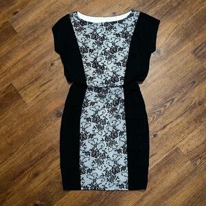 Melrose Black & White Side Tiered Floral Lace Cocktail Midi Stretch Dress Size 6